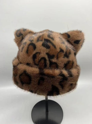 Chapéu Bucket De Pelo Sintético Imitação Inverno Coreano Para Mulheres Estampa De Leopardo Boné De Pescador Grosso Quente Pelúcia Exterior Fofo Bacia