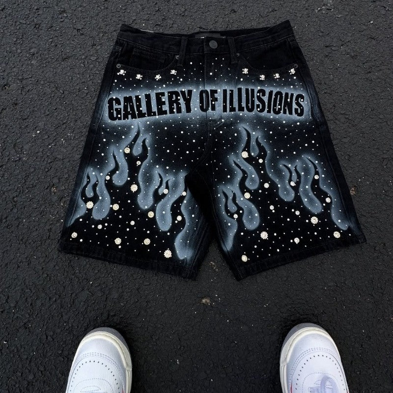 Goth Print Silk Jeans Men Shorts Street Harajuku Hiphop Vintage High Waited Denim Shorts of Men Clothing Casual Loose Pants Mens