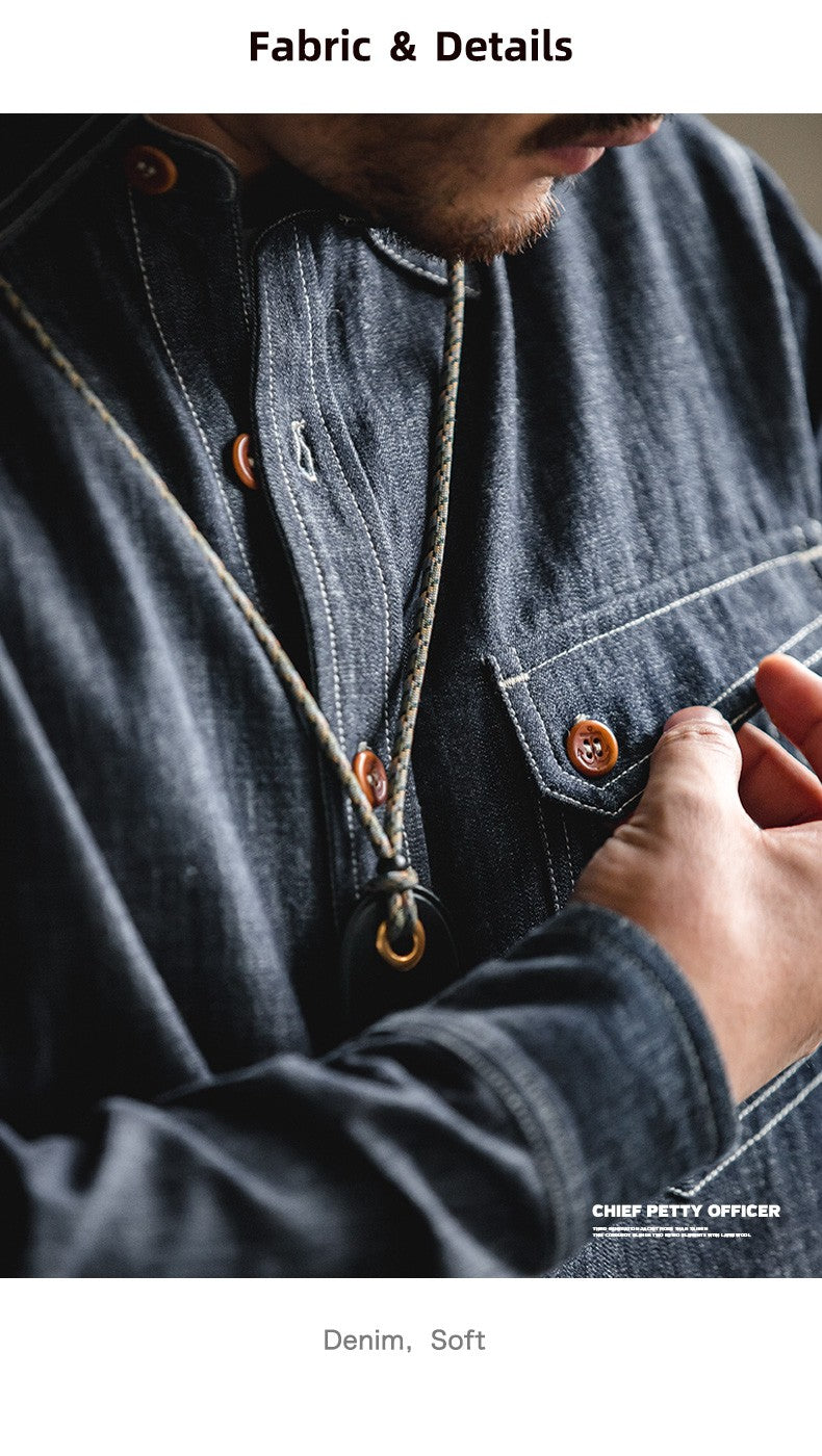 Maden Retro Thin Long-sleeved Denim Shirts Single-breasted Lapel Collar Stitch Design Cotton Men's Spring and Autumn Blouses