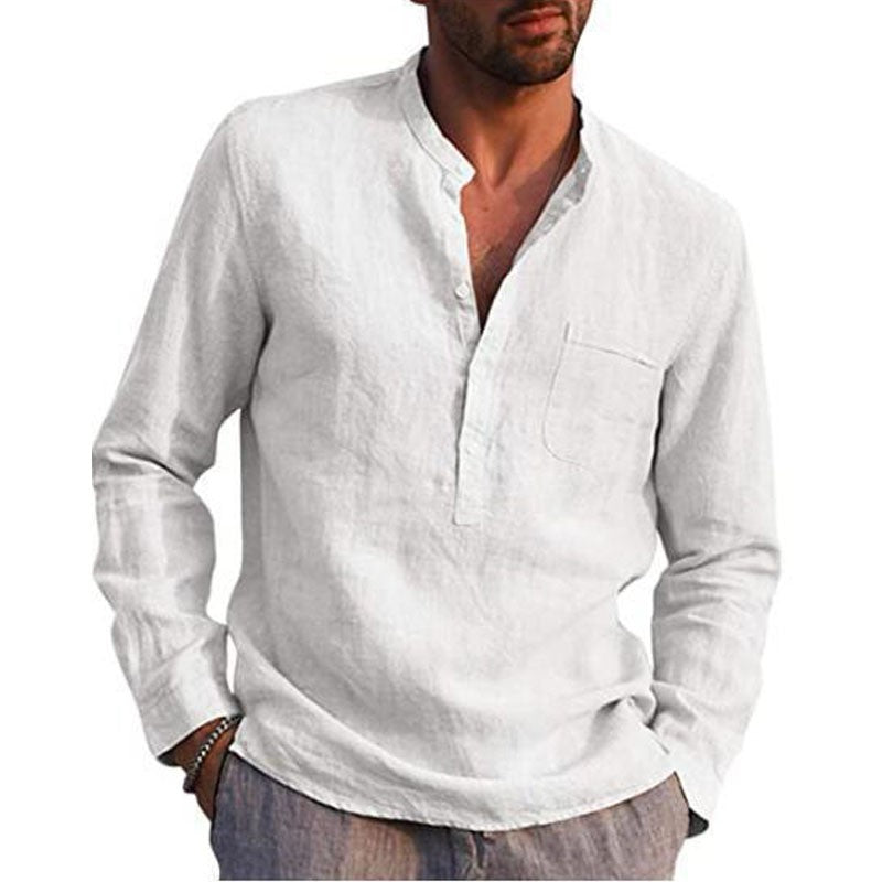 Casual Cotton Shirt Long Sleeves Crew Neck Men's Summer Simple Plain Blouse Button Down Tops Plus Size