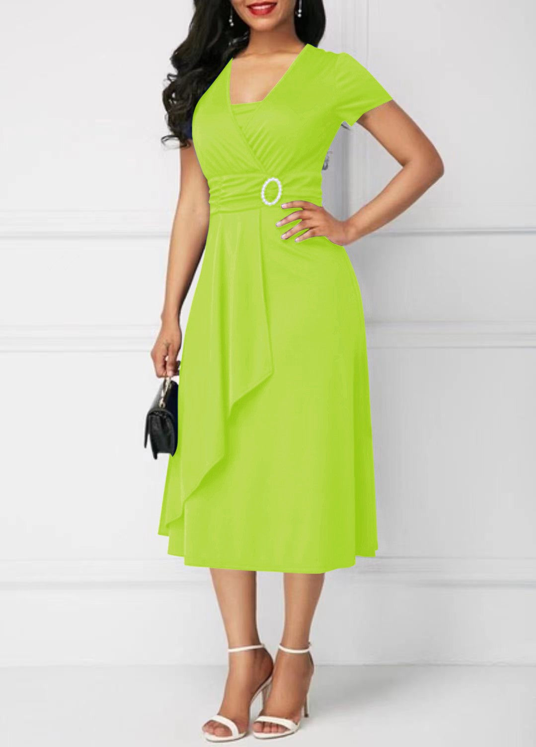 Summer Dresses Elegant Women Solid Color Short Sleeve V Neck Asymmetric Hem Wais