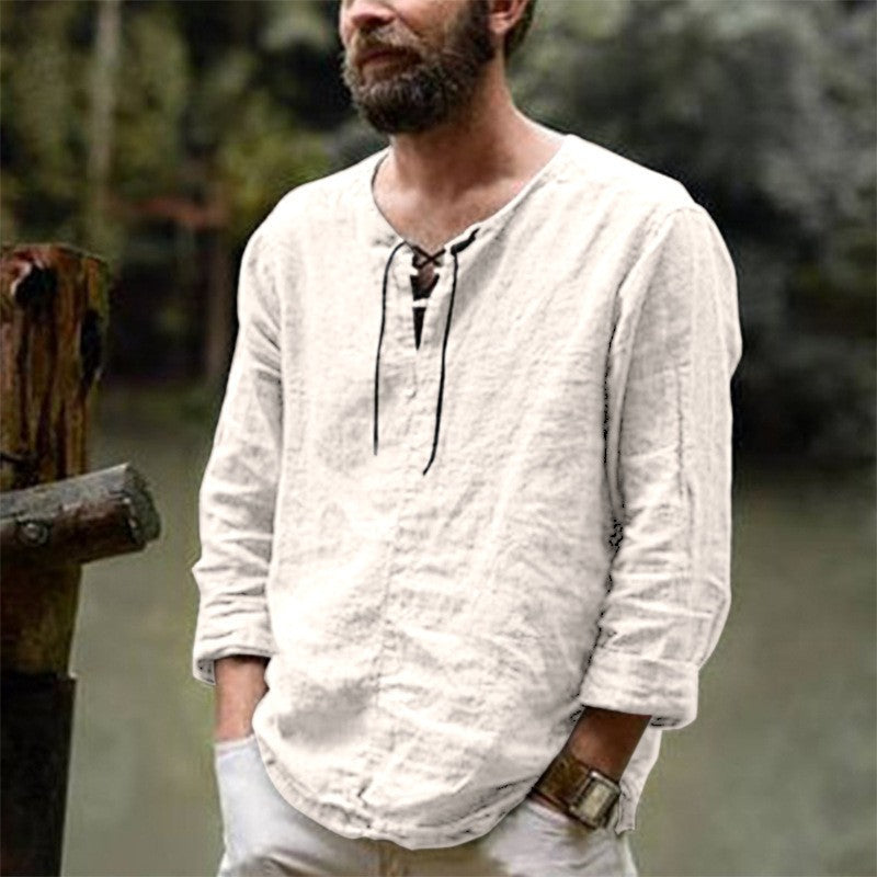 New Men's Cotton Linen shirt Male Solid Color V Neck bandage T-shirts Summer Men's Casual Long Sleeves Linen shirt Tops S-3XL
