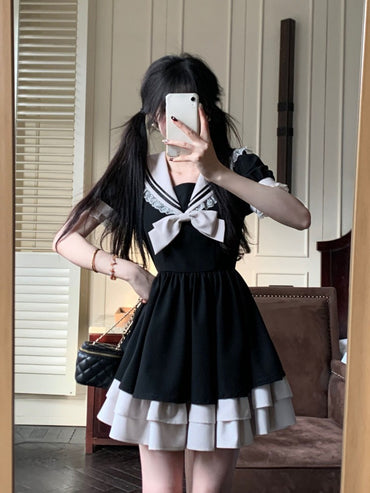 Harajuku Sweet Bow Black Plaid Dresses All-match Slim Fit Kawaii Lolita Dress fo