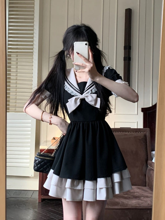 Harajuku Sweet Bow Black Plaid Dresses All-match Slim Fit Kawaii Lolita Dress fo
