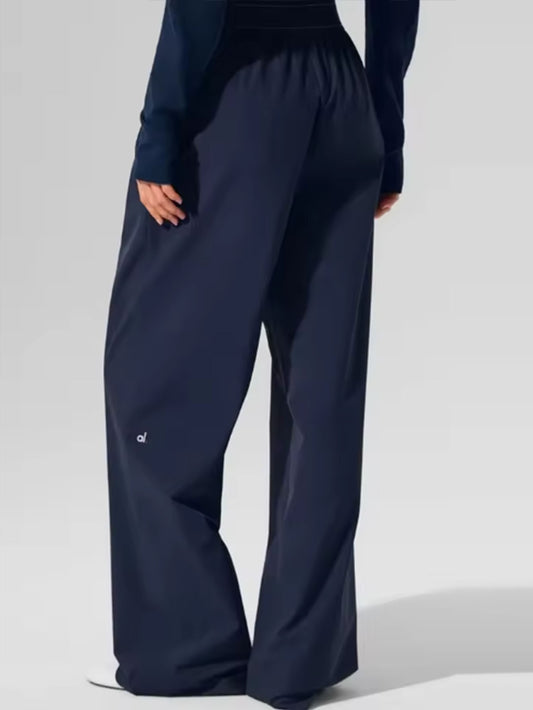 Elastic Waist Solid Fitness Joggers Trousers Women Yoga Sports Wide Leg Pants Women Thin Casual Loose Navy Blue Baggy Sweatpants