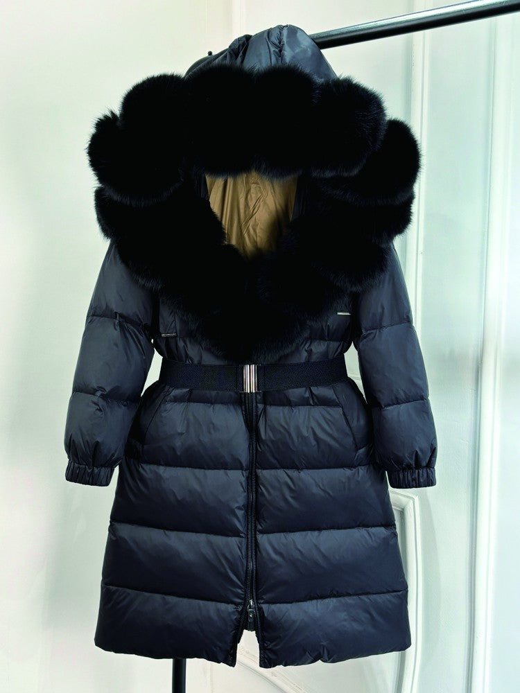 Janveny New Natural Thick Warm 90% White Duck Down Coat Long Winter Jacket Women Real Big Fox Fur Collar Belt Loose Puffer Parka