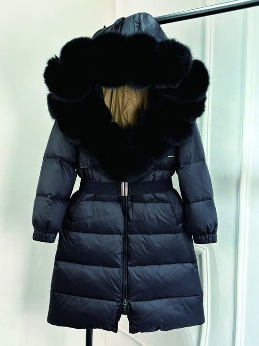 Janveny New Natural Thick Warm 90% White Duck Down Coat Long Winter Jacket Women Real Big Fox Fur Collar Belt Loose Puffer Parka