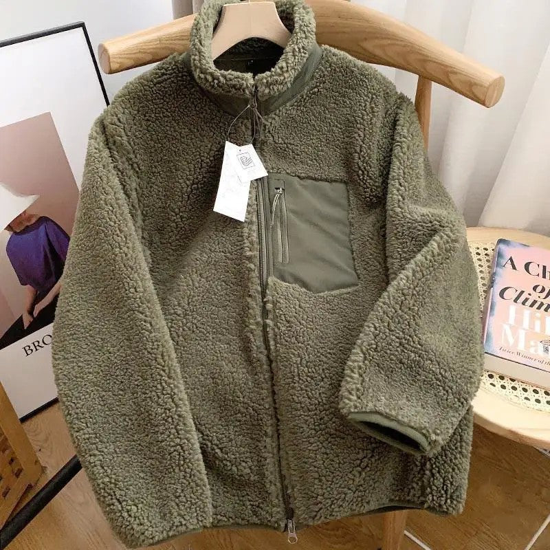Autumn and Winter Japanese Men's and Women's Fleece Stand Neck Jacket Couple Zipper Loose Warm Lamb Wool Coat Solid Color Jacket