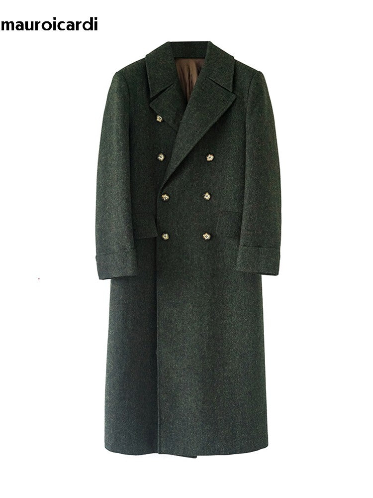 Mauroicardi Autumn Winter Long Warm Green Polo Coat Men Double Breasted Cool Luxury Elegant England Style Wool Blends Overcoat