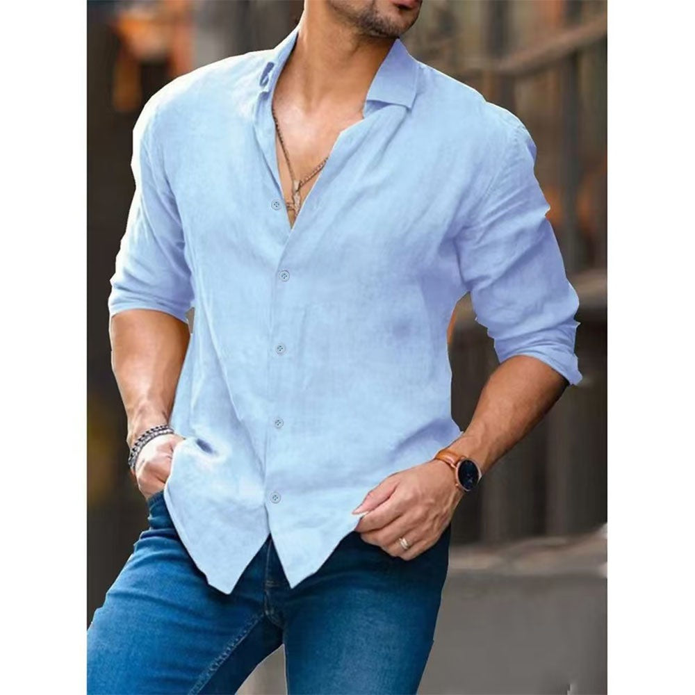 Men's Shirts Cotton Linen Lightweight Lapel Collar Hawaiian Shirt Casual Slim Shirt Male Long Sleeve Tops Shirt Blouse