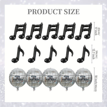 15pcs Music Balloon Set Music Note Black Balloon Silvery 4D Disco Ball Balloons Aluminum Foil Balloons Birthday Party Decoration