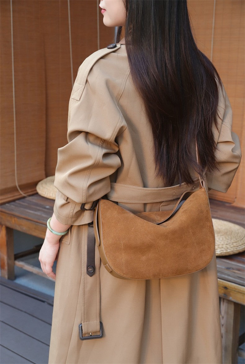 Burminsa Suede Genuine Leather Hobo Shoulder Bags For Women 2025 Luxury Designer Crescent Crossbody Purses Work Ladies Handbags