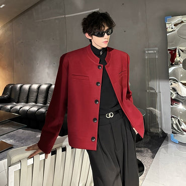 Wine Red Blazers Men Suit Jackets Casual Stand Collar Solid Color Male Short Coats Korean Trendy Men's Clothing Autumn New