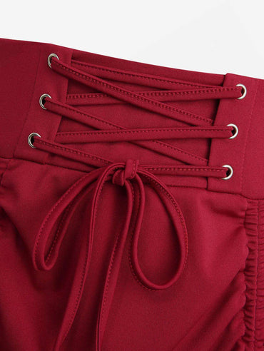 ROSEGAL Plus Size Skirts Women High Elastic Waist Gothic Floral Lace Trim Lace-up Cinched Two Tone Patchwork A Line Skirt