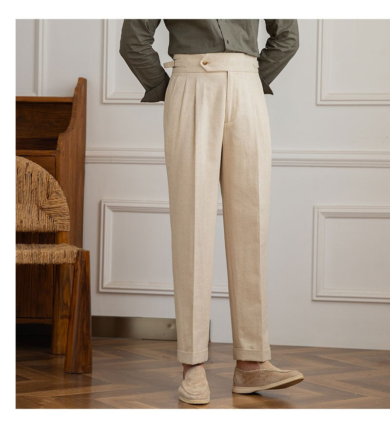 Three Gentleman Summer Naples Casual Straight Pants Men's Commuting Cotton and Linen Comfortable Breathable High Waist Pants