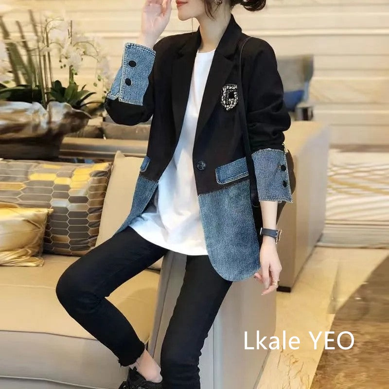 New Autumn 2025 Fashion Korean Version Loose Women Denim Jacket Splicing Suit Ladies Denim Outerwear Elegant Female Jeans Coat