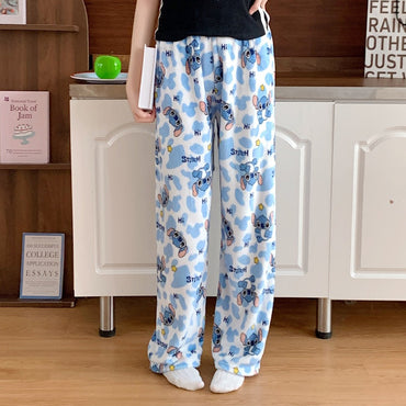 Anime Stitch Plush Pajama Pants Sanrio Kawaii Hello Kitty Cute Women Winter Warm Student Sleeping Pants Loose Casual Home Pants