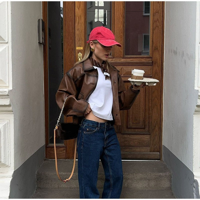 Full Sleeve Cropped Women Casual Slim Thin Motorcycle Coat Chic Zipper Lapel Wine Red Leather Jacket Lady New Highstreet Outwear