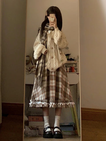 Adorable Plaid Skirt with Faux Fur Balls in Brown Woolen Material Slimming Mid-Length for Young Girls Autumn Winter Sle