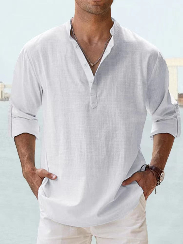 2023 New Men's Linen Long Sleeve Breathable Shirt Solid Color Casual Basic Cotton Linen Shirt Tops S-5XL