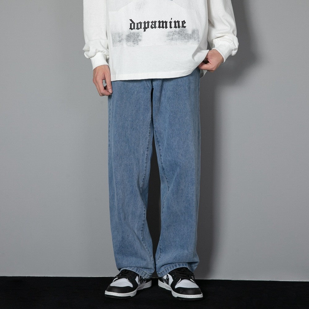 Korean Solid Colors Men's Casual Long Jeans Classic Man Four Seasons Straight Denim Wide-leg Pants Light Blue Grey Black 3XL