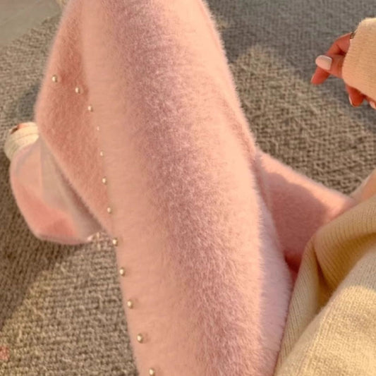Pink Mink Fur Nail Bead Knitted Wide Leg Pants for Women in Autumn and Winter Lazy and Relaxed Casual Straight Leg Long Pants