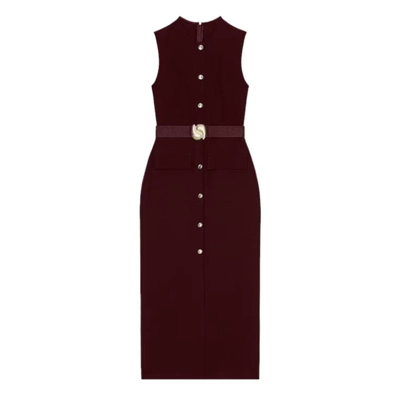 Elegant Midi Dress Woman O-neck Single Breasted Sleeveless Pocket Dresses Female