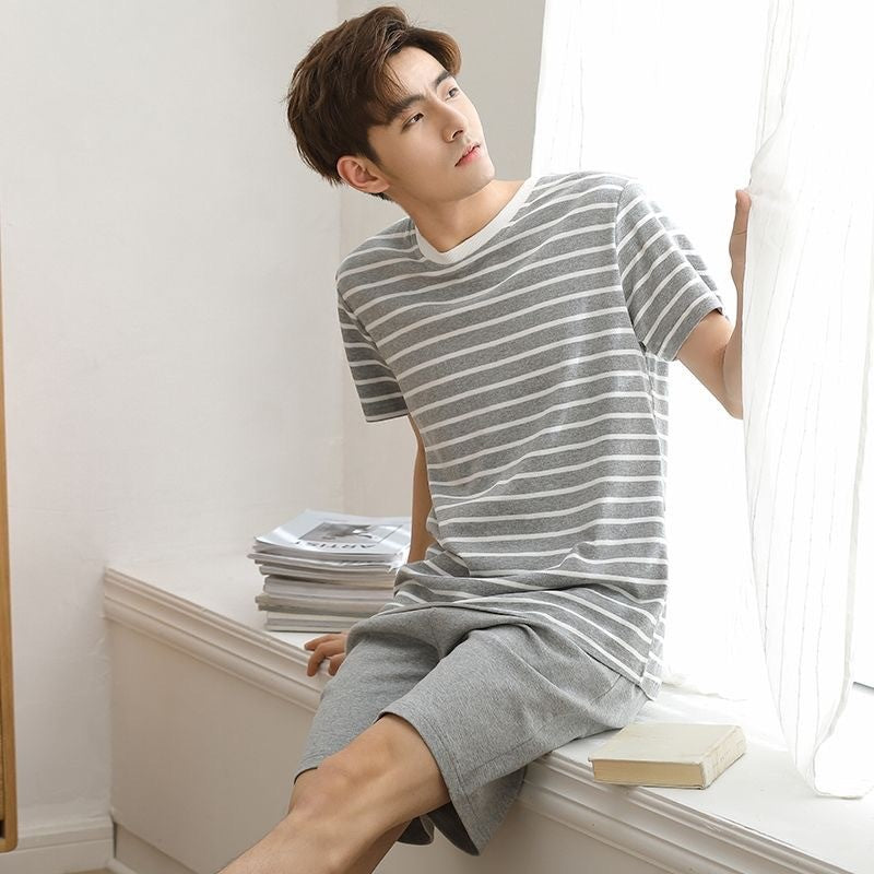 Summer Men's Pajamas Homewear Set Men's Short-Sleeved Shorts Teenage Students Cartoon Striped Casual Pajamas Homewear Set