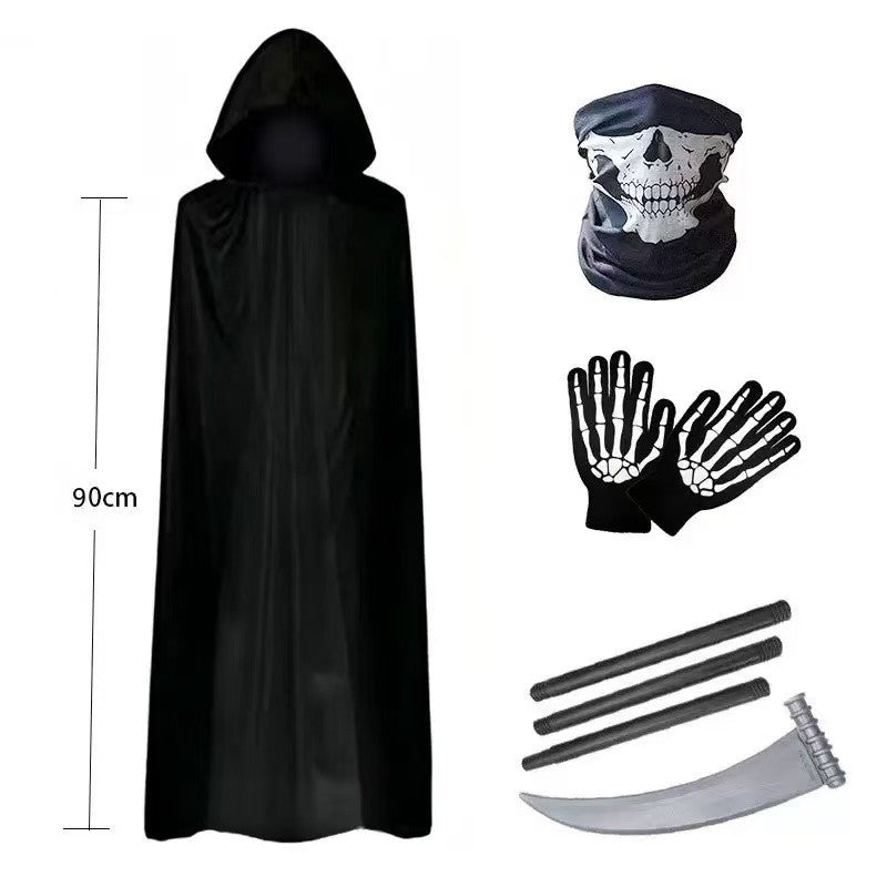 2026 Halloween Party Role Playing Children Adult Death Black Cloak Halloween Skull Ball Costume Prop Set Holiday Gift