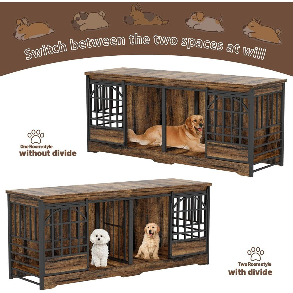 Móvel de Caixa de Cachorro Dupla, Canil Interno Extra Grande com Divisória, Gaiola Resistente para 2 Cães, Decorativa