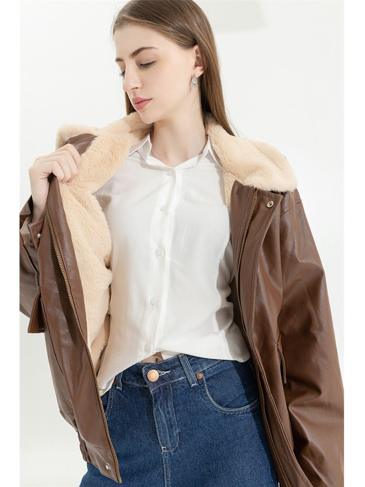 Winter Women's Fur Leather Jacket Long Sleeved Loose Warm Lamb Wool Vintage Thickened Locomotive Lapel Female PU Motorcycle Coat