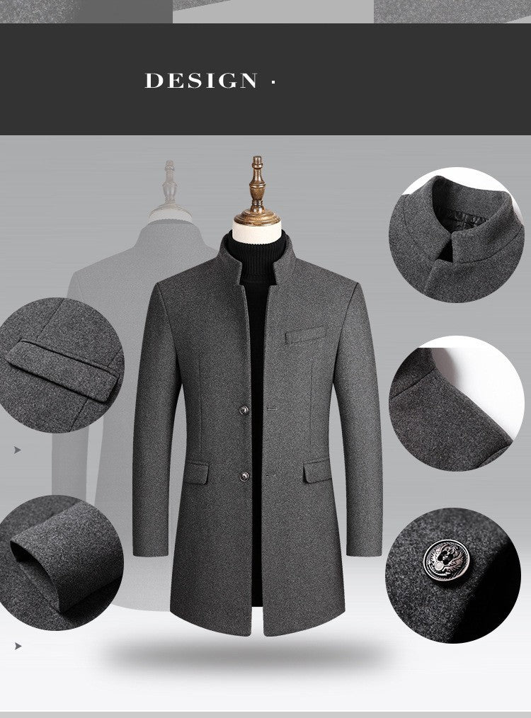 BROWON Brand Business Casual Trench Coat Men Chinese Style Solid Color Winter Coat Men 2025 Autumn and Winter Wool Coat for Men