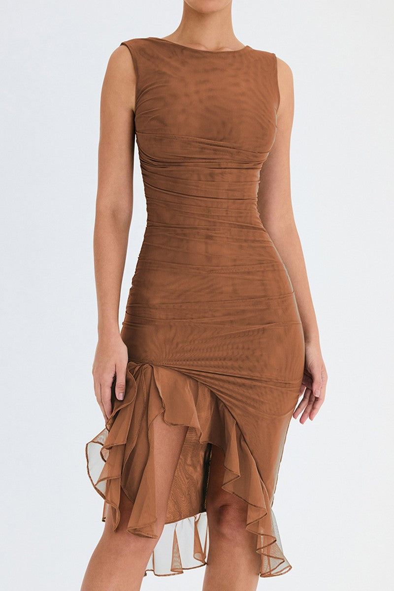 Mozision Elegant Ruffle Ruched Midi Dress For Women Robe Summer New Backless Sle