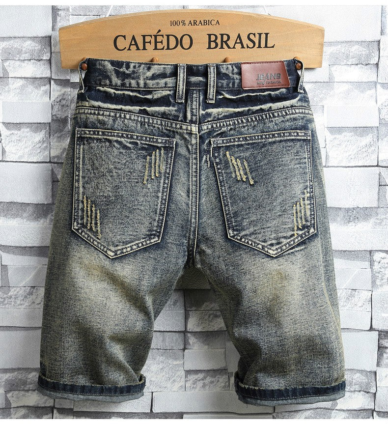 High Quality Men's Summer Holes Denim Shorts Jeans Men Straight Retro Shorts Jeans Men Knee Length Cowboy Jeans Shorts Size 40
