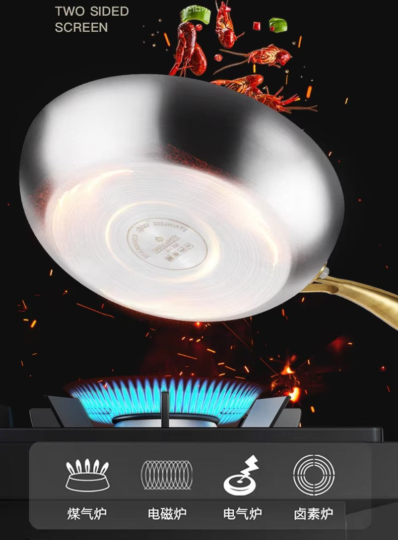 KEMORELA 316 Stainless Steel Frying Pan With Golden Handle Wok Pan Nonstick Cooking Fried Steak Gas Stove Pot Universal Pan