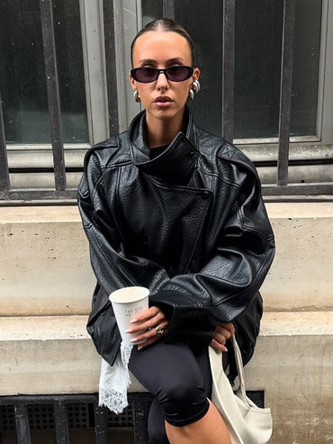 HH Women Autumn Fashion Jackets Asymmetric Button Pocket Long Sleeves Black Loose Zipper Jackets Female High Street Coats