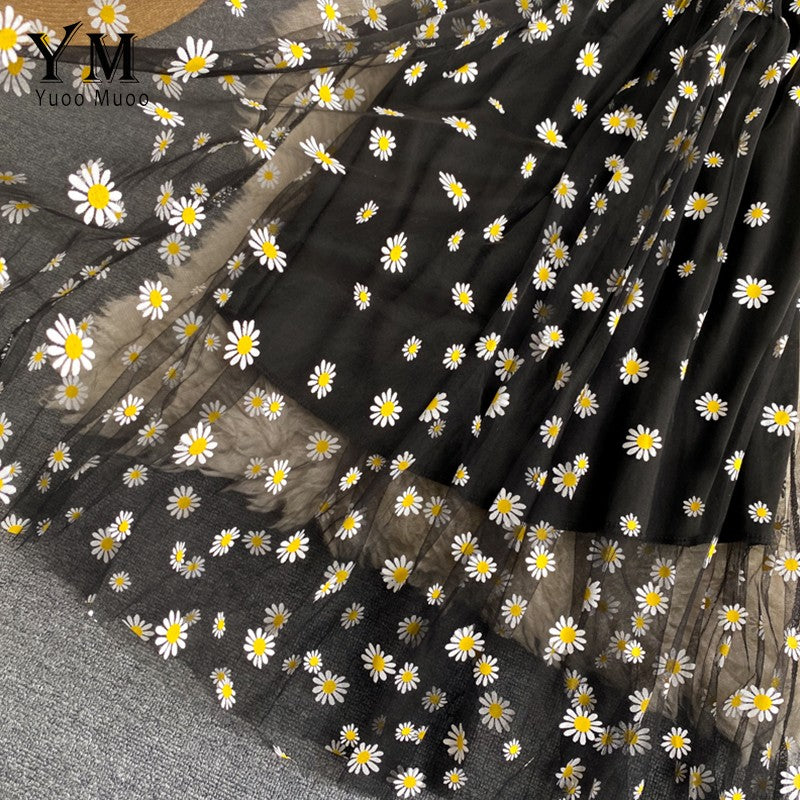 YuooMuoo Korean Fashion Daisy Flower Print Mesh Party Dress Summer Two Layers Sp