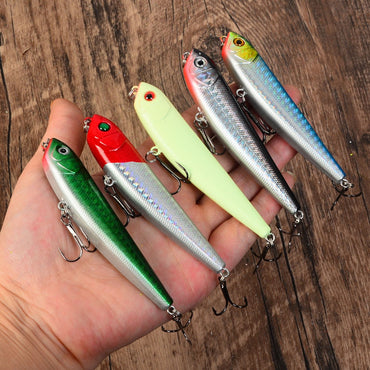 5 unidades de isca flutuante tipo lápis, isca de superfície 3D, isca artificial com anzol, equipamento de pesca Wobbler Cranbait