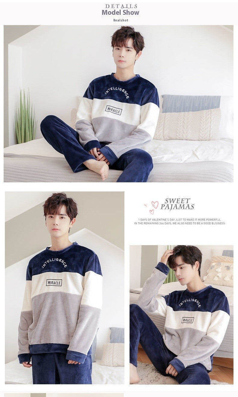 Winter Men's Pajamas Homewear Suit New Coral Fleece Warm Long-Sleeved Spring, Autumn and Winter Models of Men's Flannel Homewear