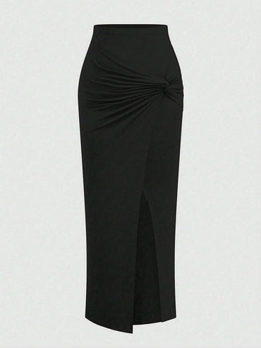 New French High-Waist Retro Knitted Ruched High-Slit Midi Skirt Black Versatile Slim Plus Size Female Clothing Elegant Party