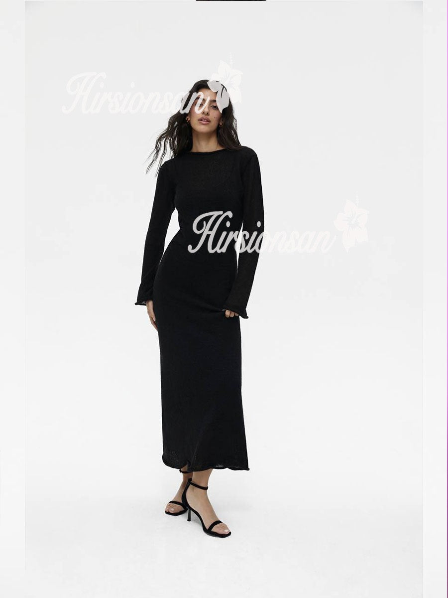 Hirsionsan Spring Autumn O-Neck Elastic Knit Long Dresses Women 2024 Elegant Chi