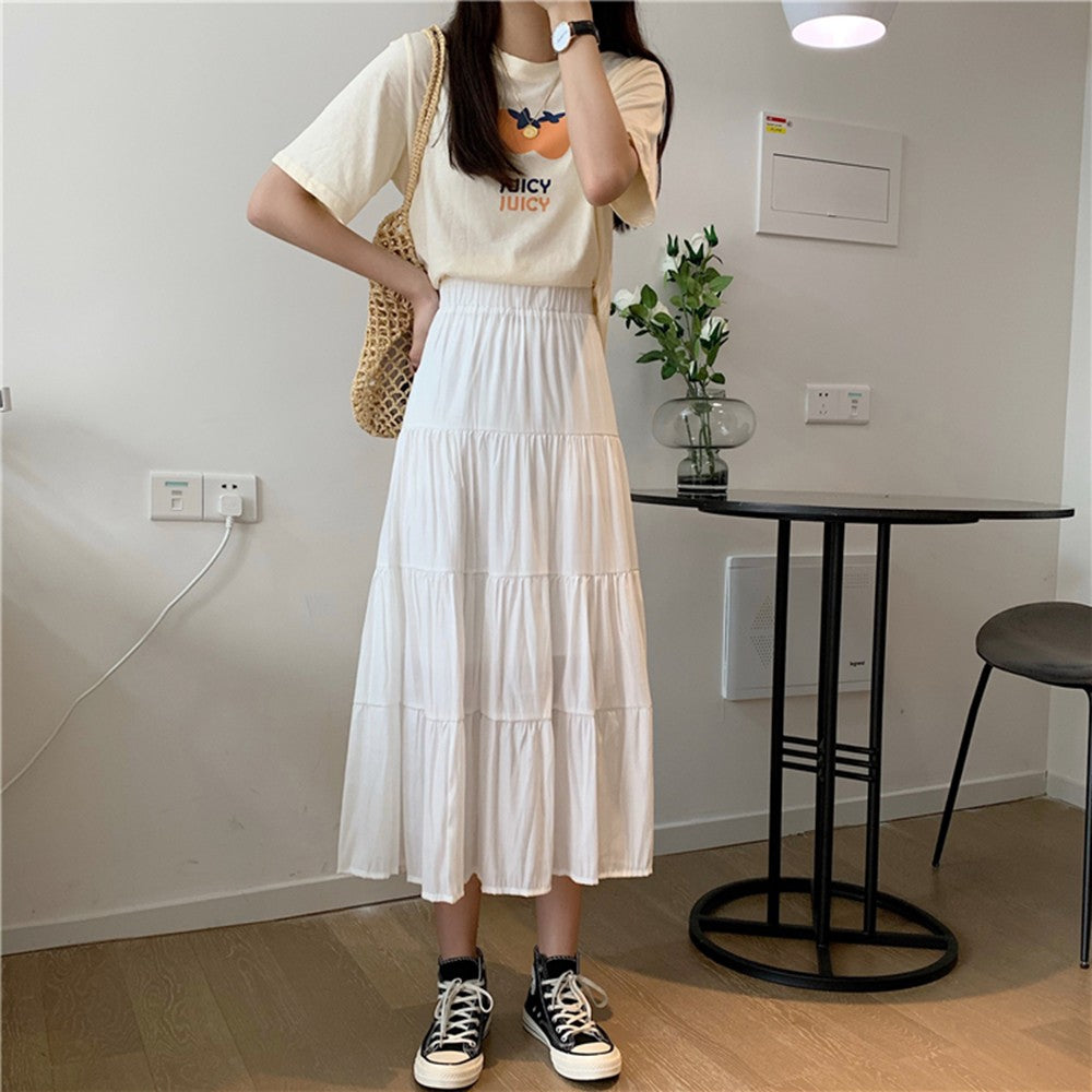 Spring Summer Women Chiffon Skirts Vintage High Waist Elastic Patchwork White Bl