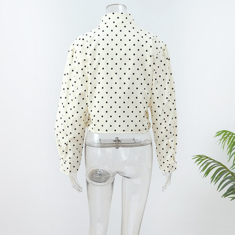Polka Dot Stand Neck Short Jackets Women Fashion Long Sleeve Patchwork Contrast Slim Coats Casual Lady Street Commute Outerwear