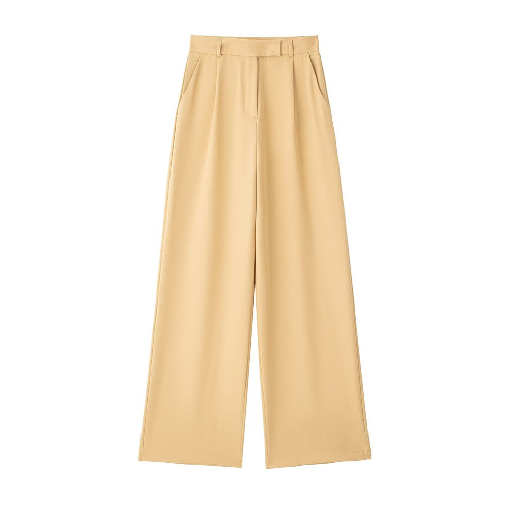TRZA Women Fashion With Darts Front Pockets Wide Leg Pants Vintage High Waist Zi