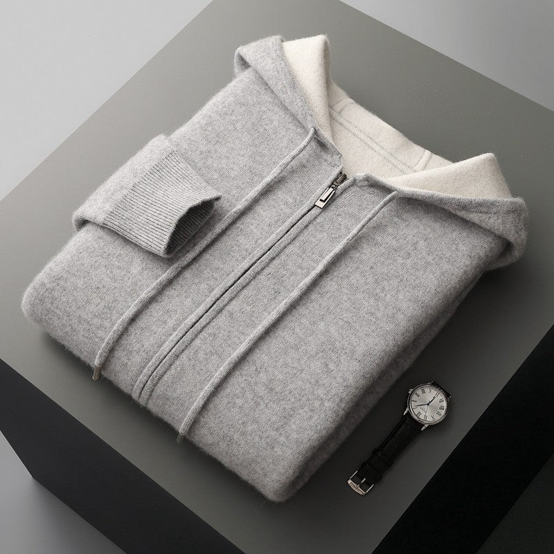 ADDONEE Men's 100% Wool Hoodie Cardigan Straights Leg Pants Set Autumn Winter Thick Cashmere Knitwear Sweater Trousers Suit