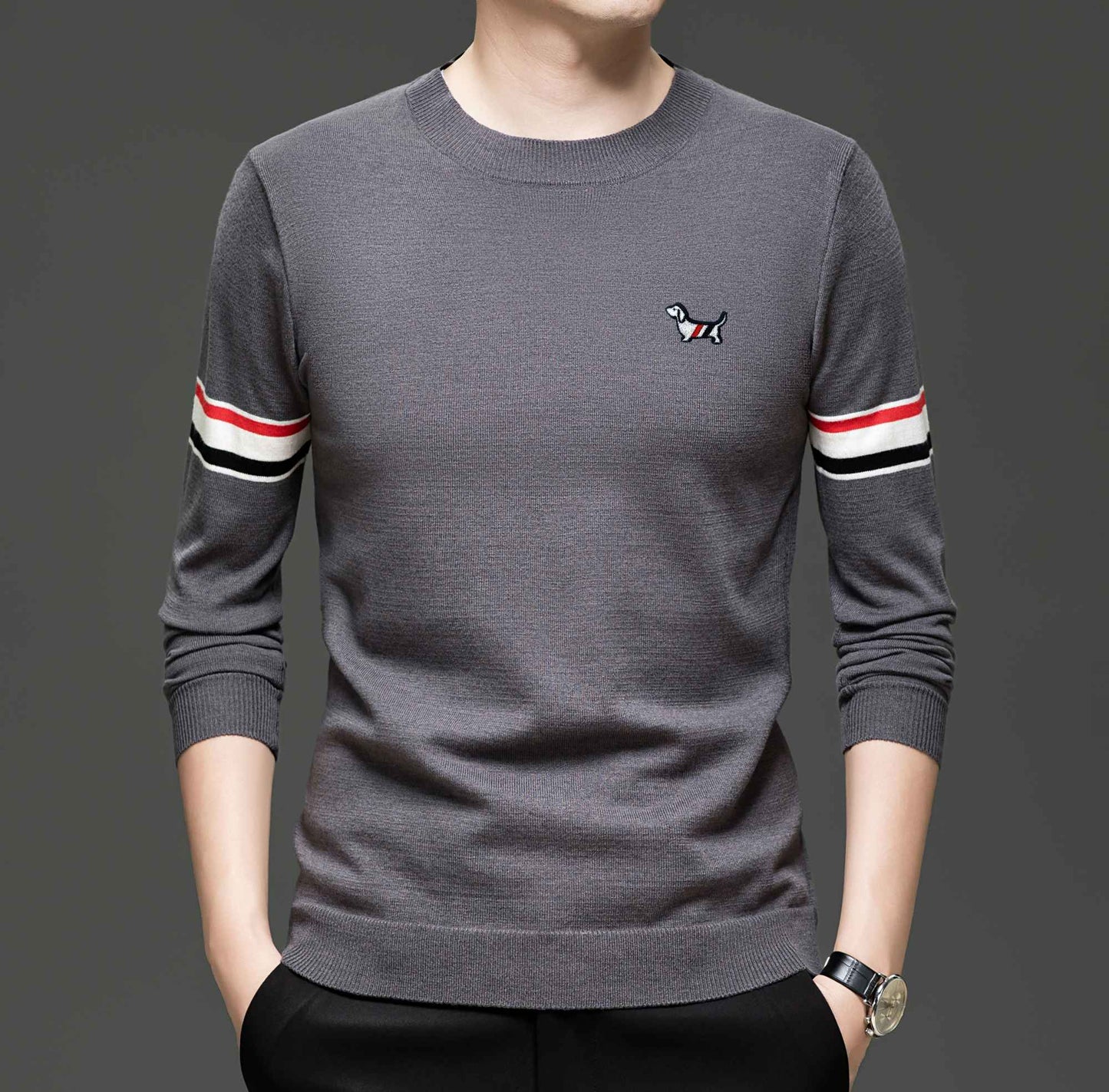 Hot Selling Original Quality Men's Knitted Sweater Striped Sleeves Cartoon Print O-Neck Pullover Autumn Winter Casual Menswear
