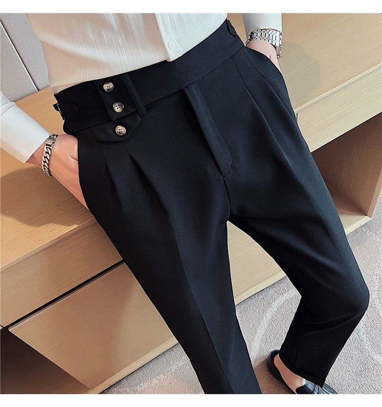 British Style Spring New Solid Business Casual Suit Pants High Waist Button Men Formal Pants High Quality Slim Office Trousers