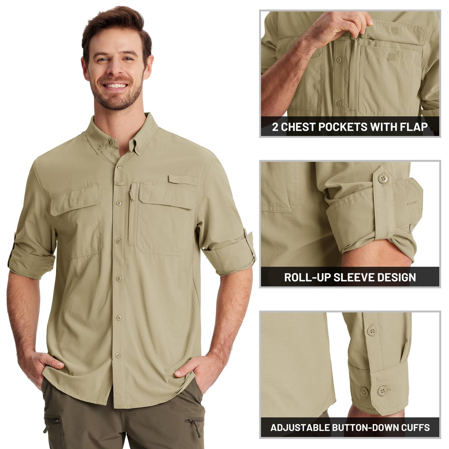TACVASEN UV Block Fishing Shirts Mens Sun Protection Quick Dry Long Sleeve Shirts Mesh Breathable Hiking Cargo Shirts Work Shirt
