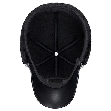 Boné de Inverno Quente Masculino de Couro Preto e Pele, Bonés de Beisebol para Homens e Mulheres, Quepe, Bonés Pai, Protetores de Orelha, Espesso