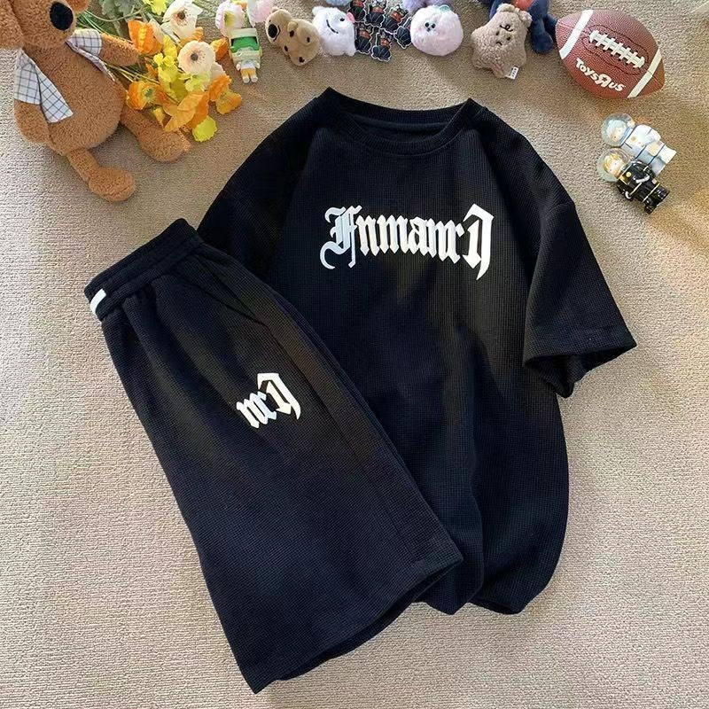 Summer Oversize Casual Fashion tracksuit Loose Jogging Waffle Suit Men Loose Short-sleeve tshirt + Sports Shorts 2pcs Set Outfit
